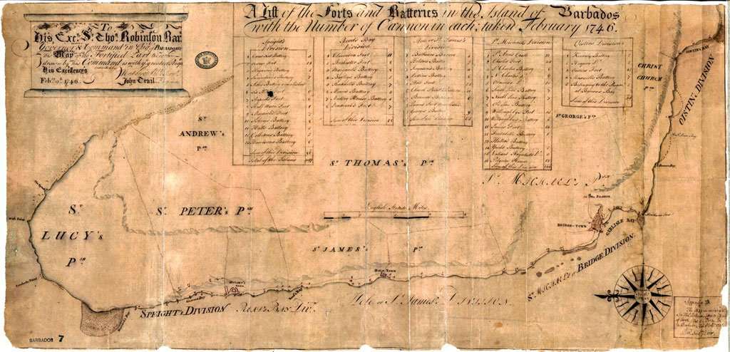 1746 John Trail map of the Fortified part of the Island of Barbados