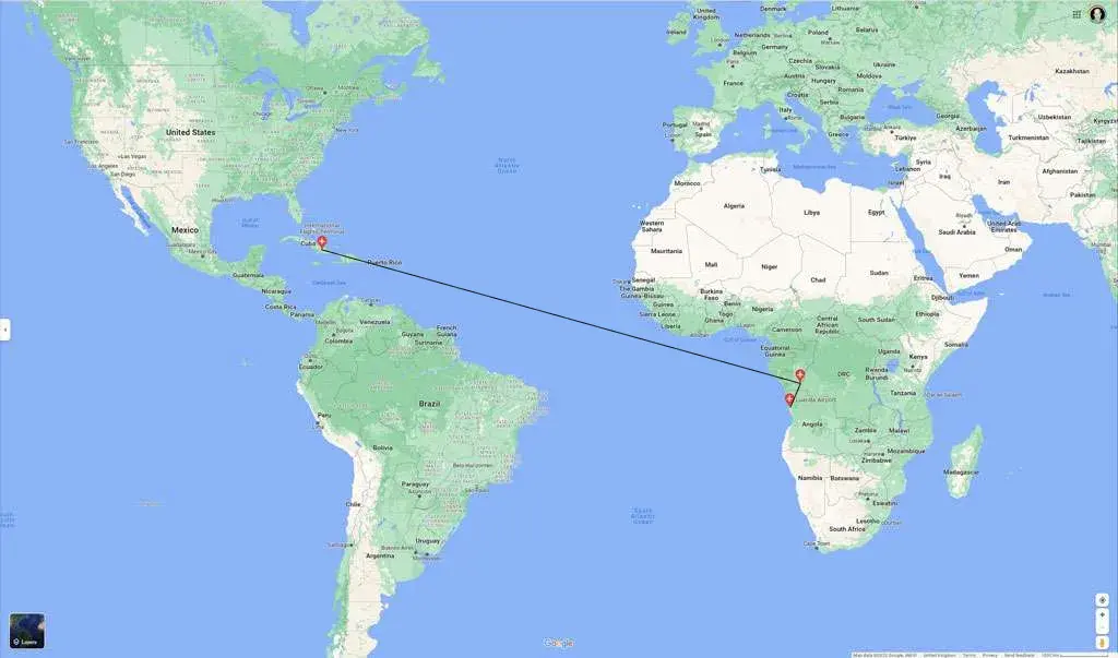 Operation Carlota Cubana route Cuba to Angola