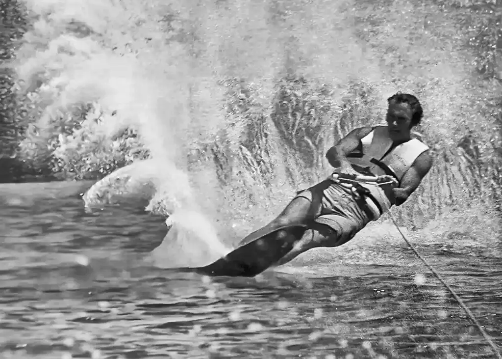 David Inniss water skiing off the Band Stand