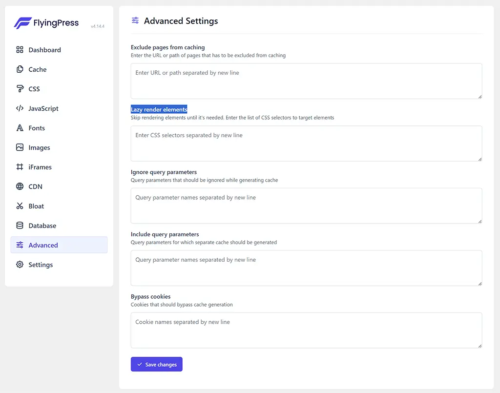 FlyingPress Advanced Settings - Lazy render elements