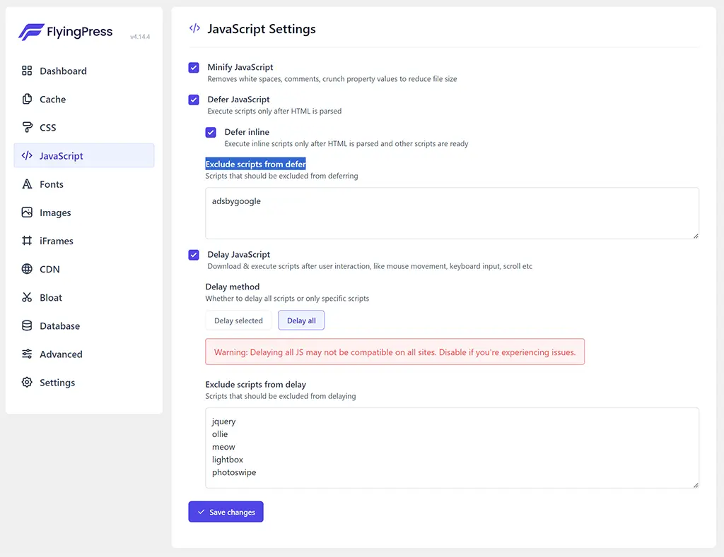 FlyingPress JavaScript settings