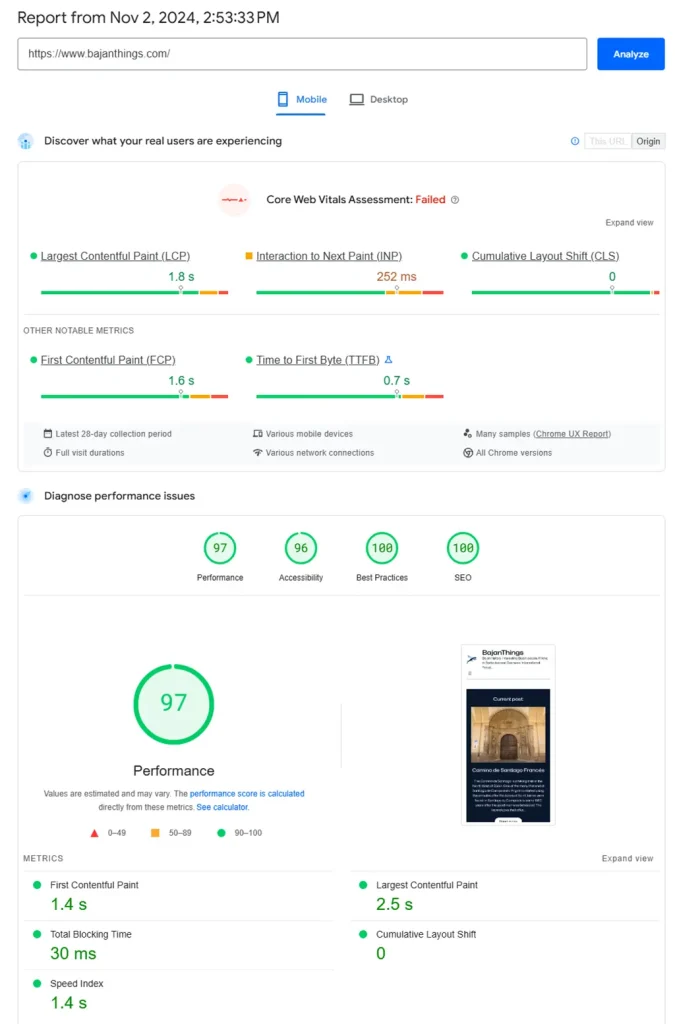 BajanThings PageSpeed Insights score of 97 -2 Nov 2024!