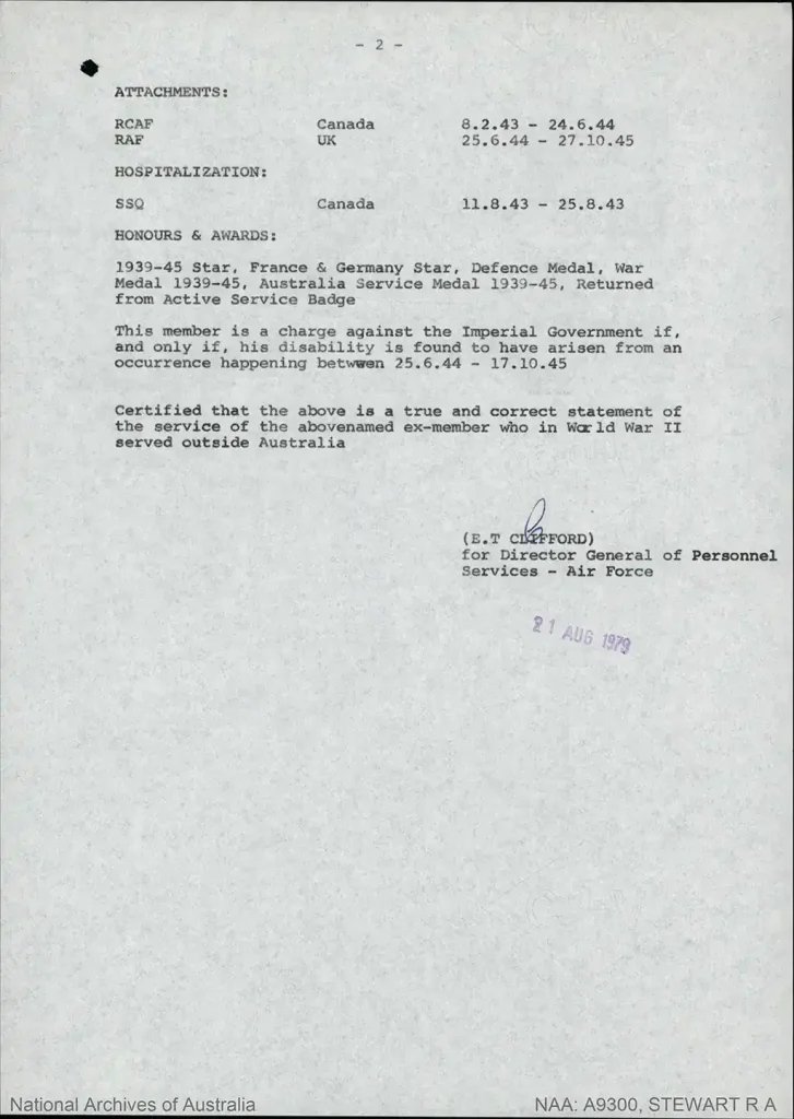 Record of Service for Wireless Operator and Gunner Robert Allen Stewart RAAF