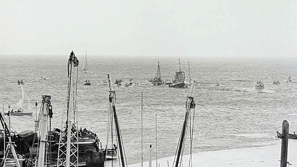 Ra II being towed into the Barbados Careenage 12th July 1970
