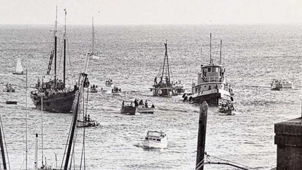Ra II being towed into the Barbados Careenage 12th July 1970