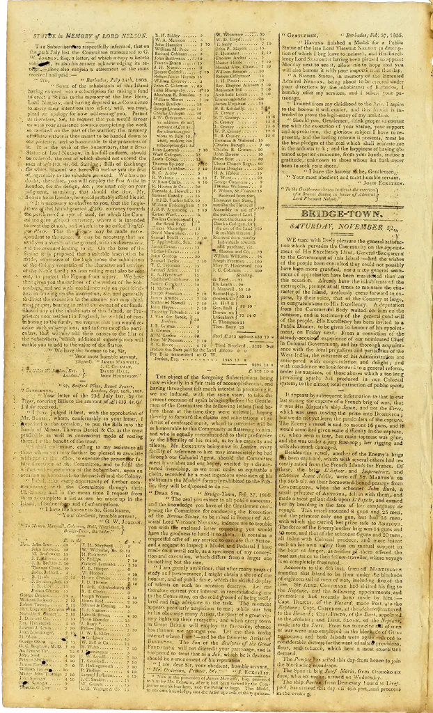Barbados Mercury, and Bridge-Town Gazette - Saturday. November 12 1808 - Lord Nelson public subscription list