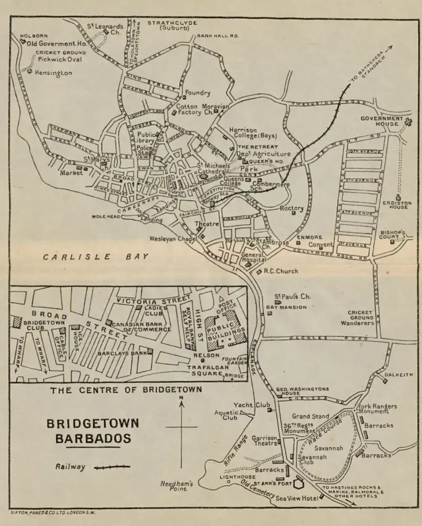 Bridgetown Barbados map taken from the Pocket Guide to the West Indies by Algernon E. Aspinall - 1931