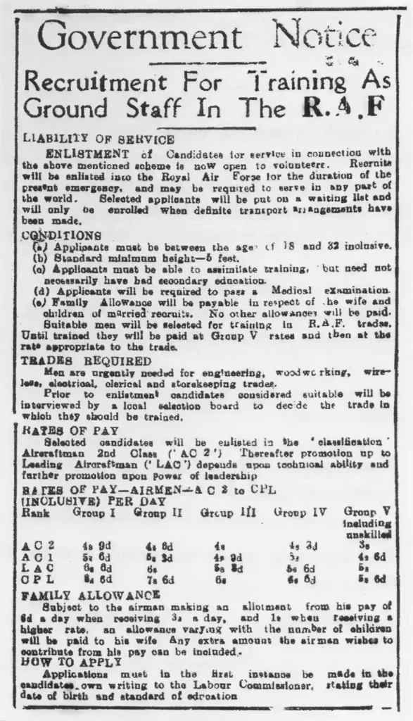 RAF Ground Crew recruitment ad - Barbados Observer 20 November 1943