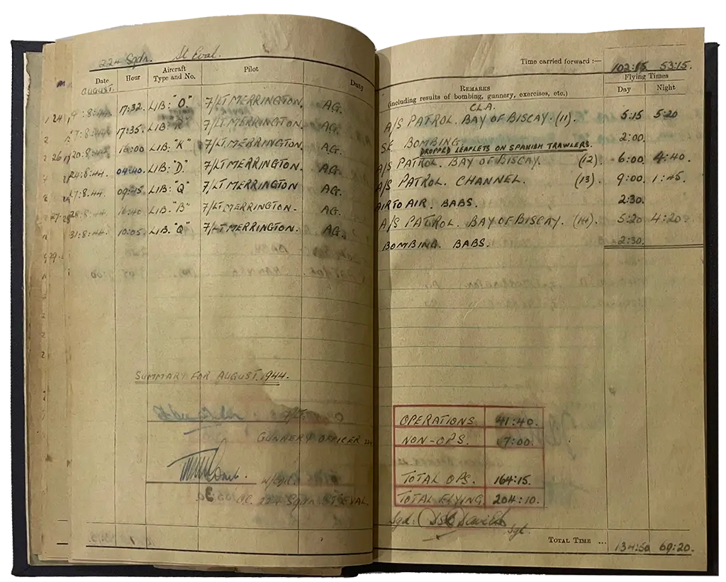 Derek Davies logbook 224 Squadron RAF Coastal Command - August 1944