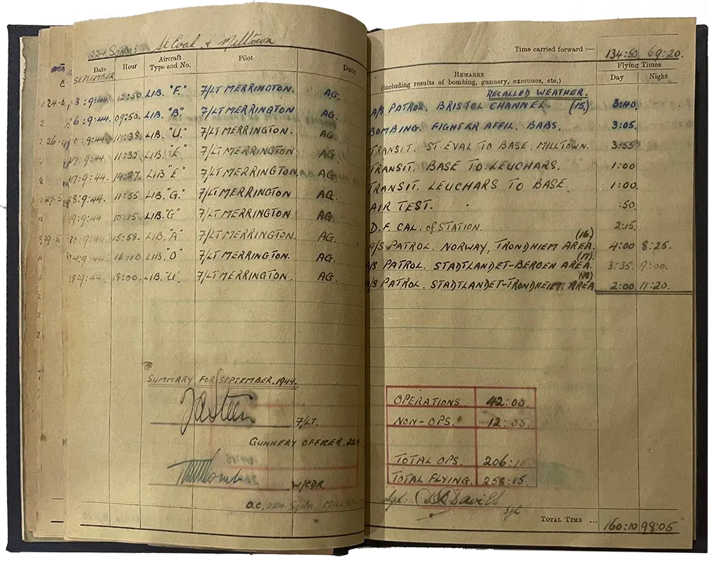 Derek Davies logbook 224 Squadron RAF Coastal Command - September 1944