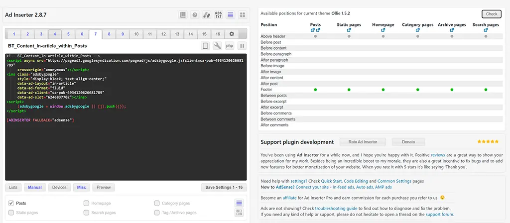 Using AdInserter with Ollie Pro
