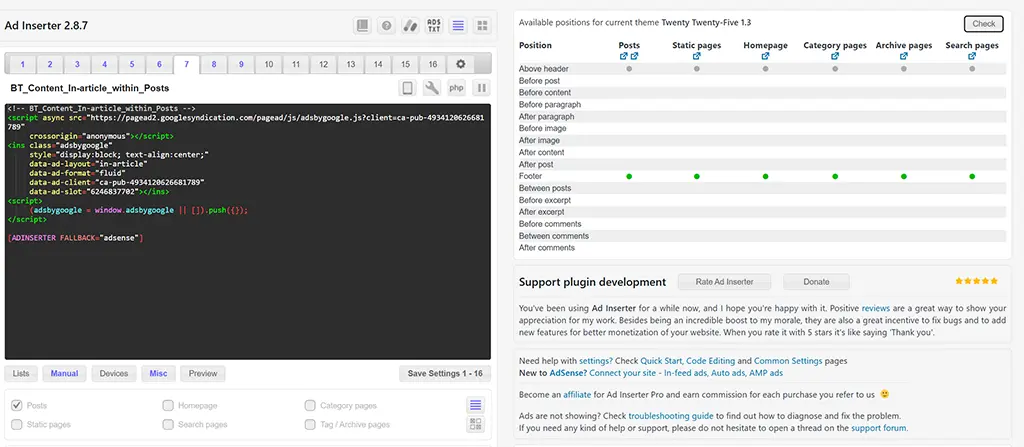 Using AdInserter with Twenty Twenty Five