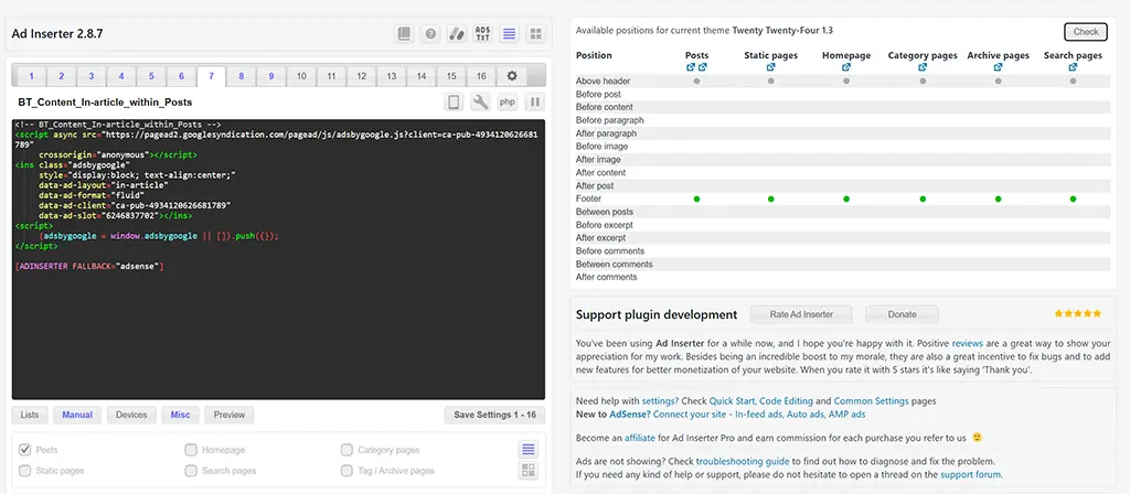 Using AdInserter with Twenty Twenty Four