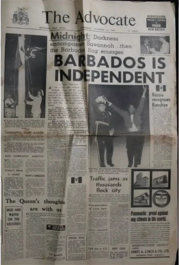 Barbados Is Independent - Barbados Advocate newspaper front page 30 November 1966