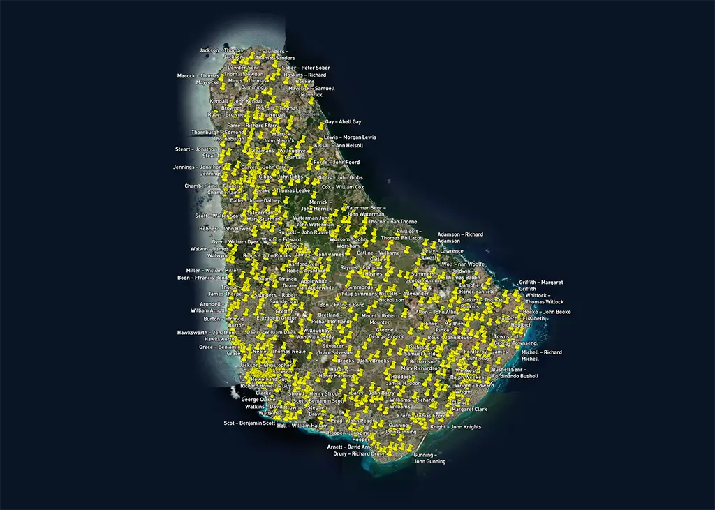 1681 Richard Ford – The Island of Barbadoes Map matched to the 1679 Barbados Census