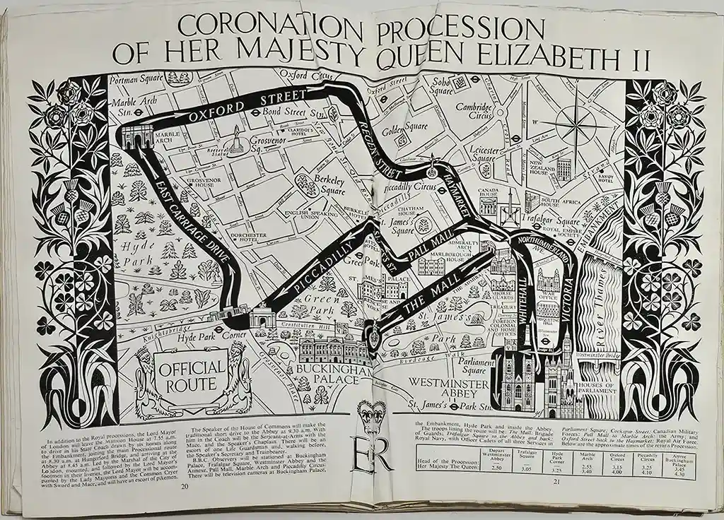 Map showing the Coronation Procession route for QEII