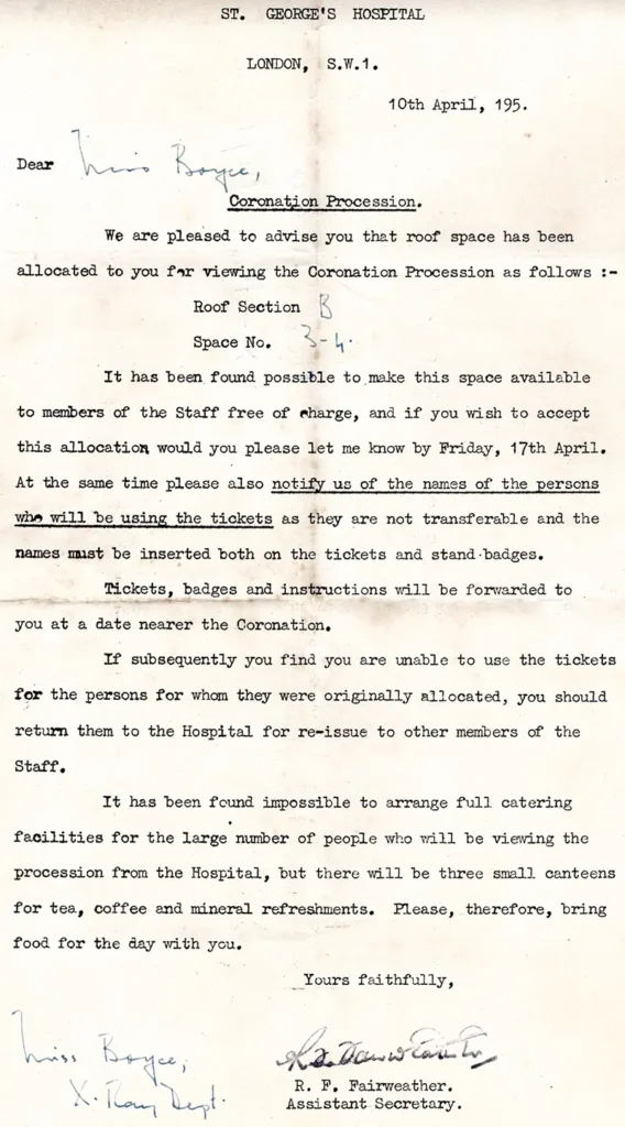 St. George's Hospital letter - The Coronation of QEII